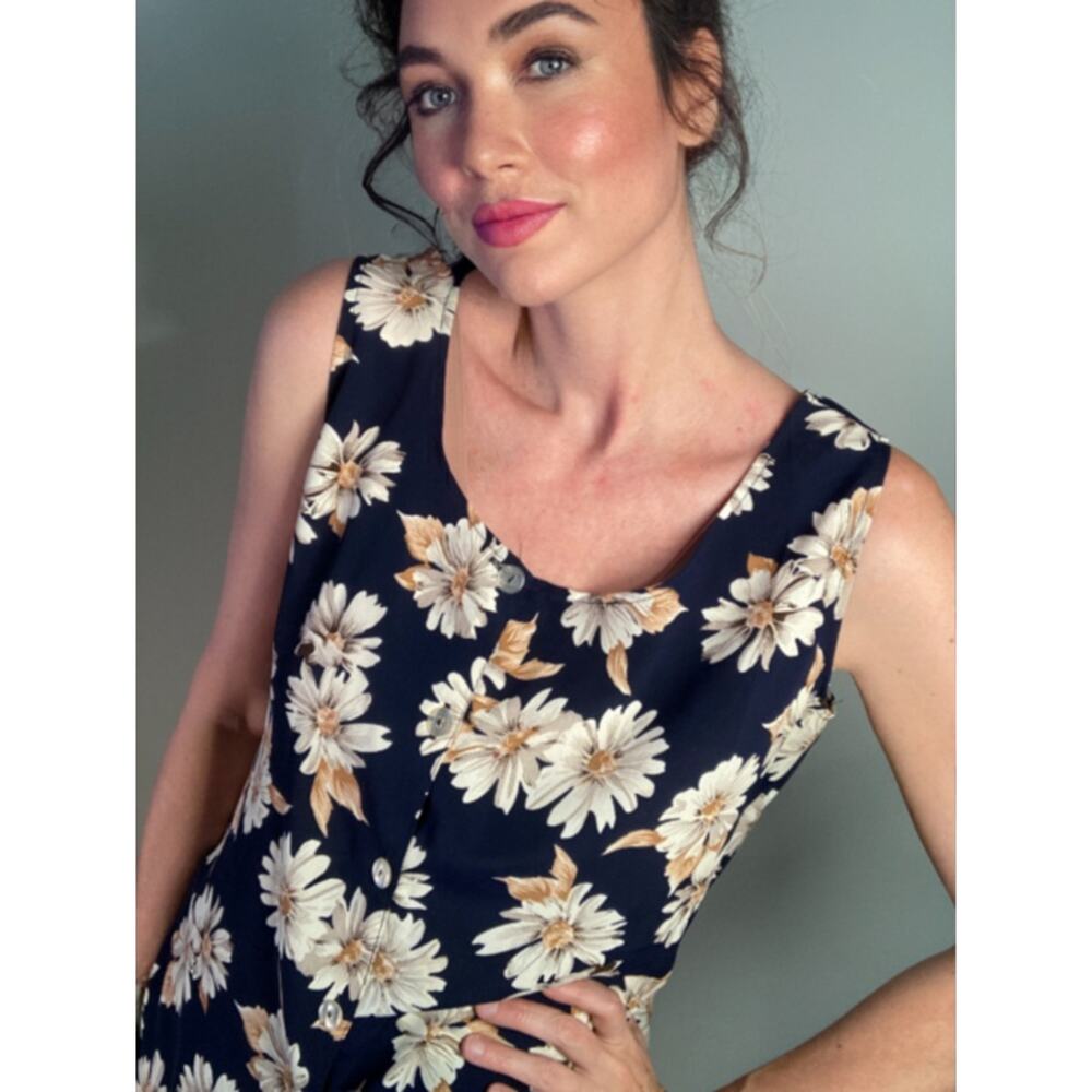 Vintage Unbranded Daisy Silk Blend Sleeveless Tank Top Navy 90s Throwback Sz S/M